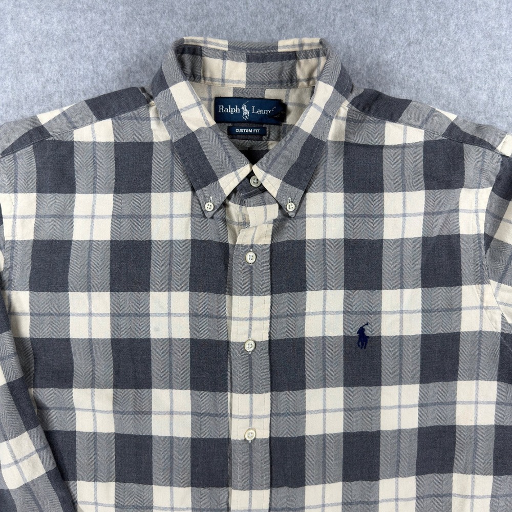 Polo Ralph Lauren Mens XXL Custom Fit Plaid Button Down Grey Herringbone Shirt